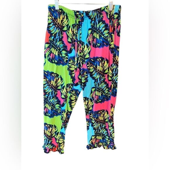 Vespa Sz S Lime Green Fuschia Pink Tropical Palm Leaves 2-Piece Loungewear PJ’s - Picture 7 of 10